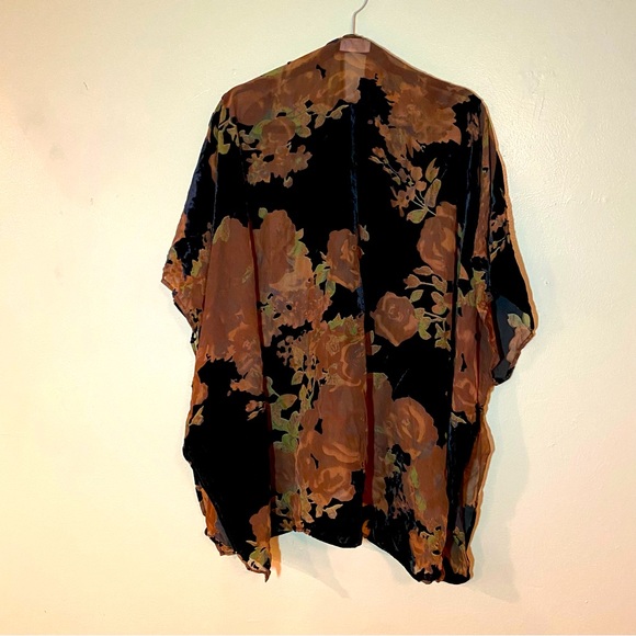 A.MUSE Semi-Sheer Chiffon Velvet Burnout Open-Front Kimono Jacket Brown Floral - Picture 2 of 6